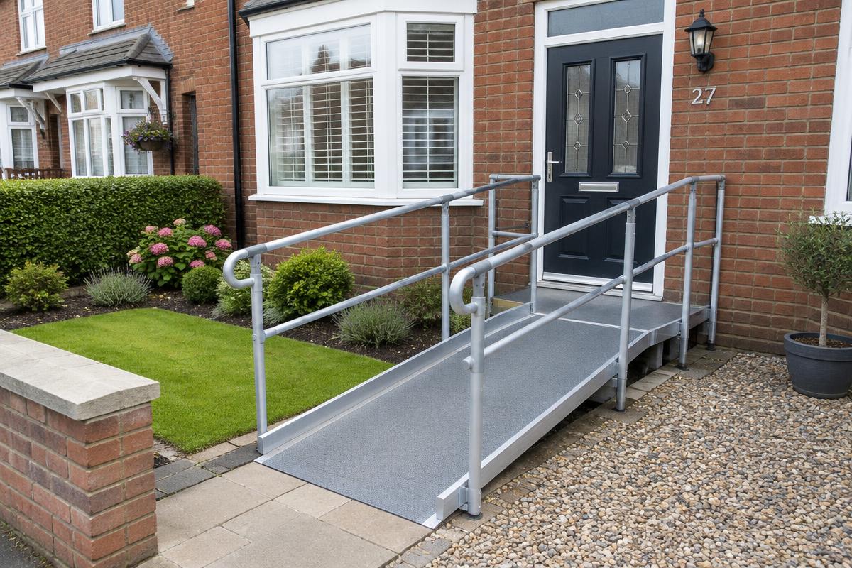 A wheelchair access ramp with handrails at a front door