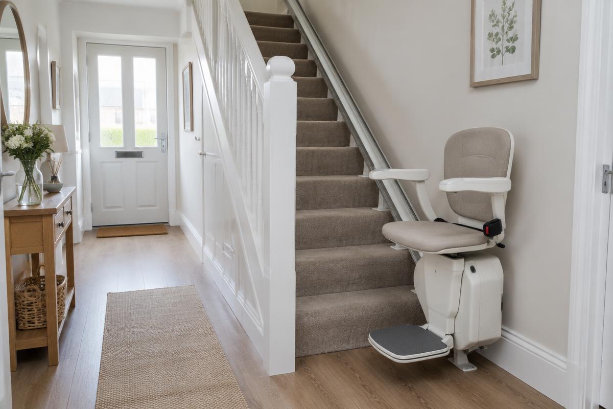 A straight stairlift fitted to a carpeted staircase